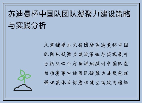 苏迪曼杯中国队团队凝聚力建设策略与实践分析